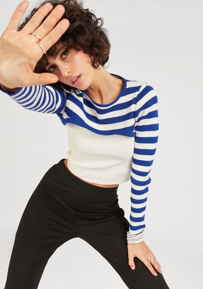 2Xtremz Striped Crop T-shirt with Long Sleeves and Crew Neck-T Shirts-image-0