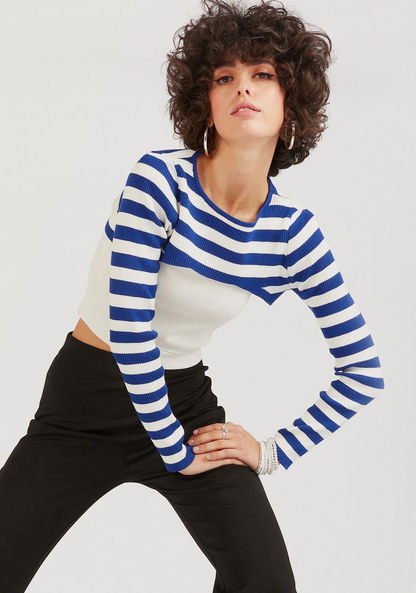 2Xtremz Striped Crop T-shirt with Long Sleeves and Crew Neck-T Shirts-image-2