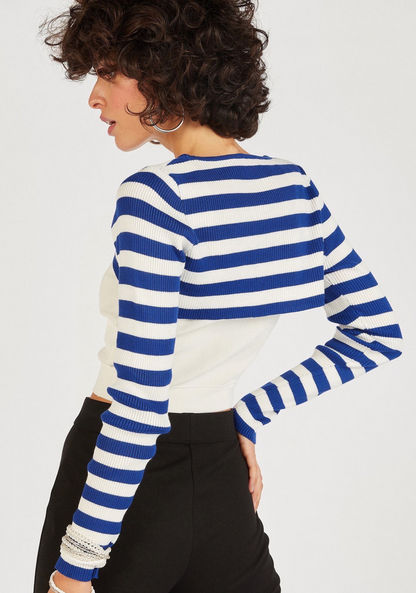 2Xtremz Striped Crop T-shirt with Long Sleeves and Crew Neck-T Shirts-image-3
