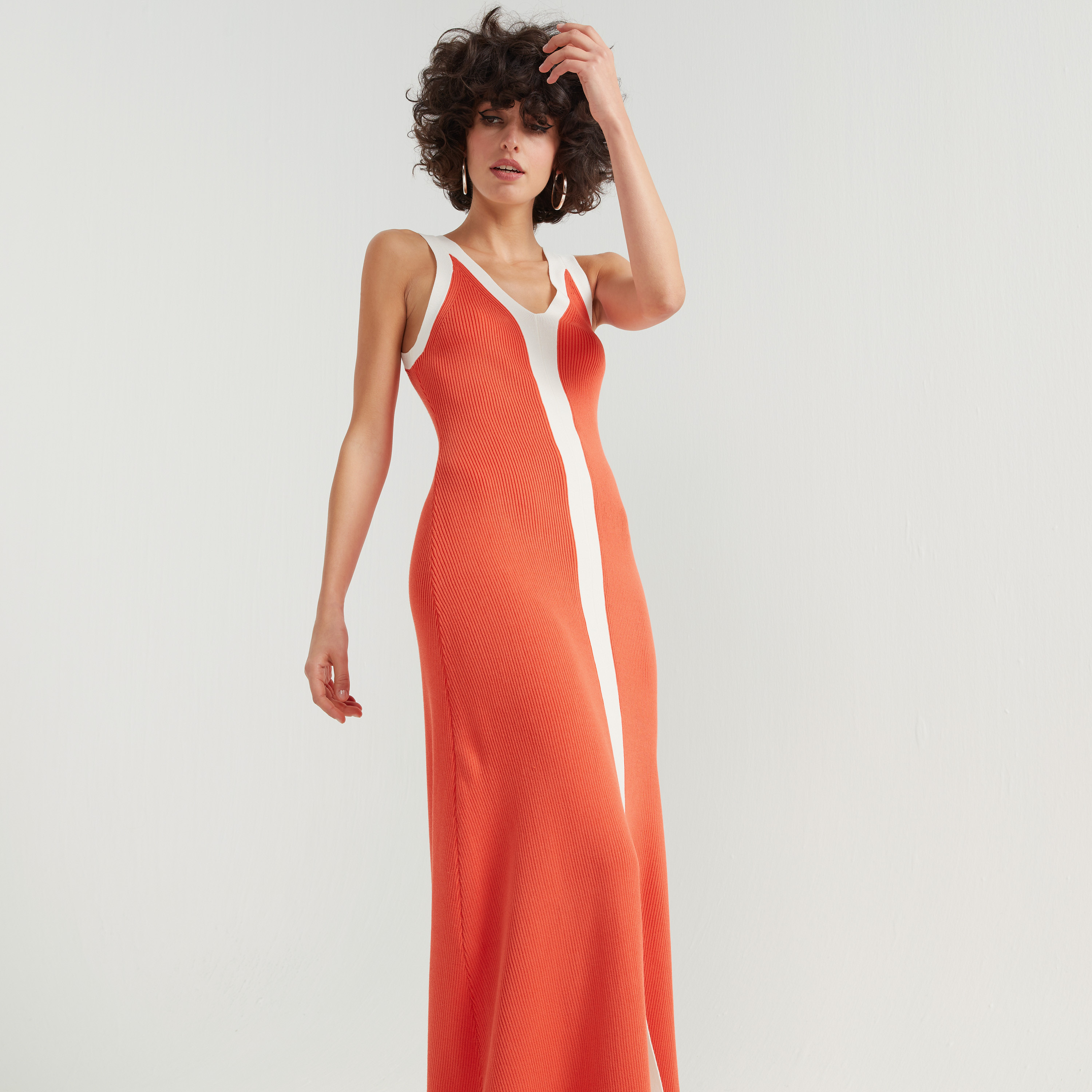 فستان طويل واسع دون أكمام بارز الملمس بياقة v من تو إكستريمز-women-clothing-dresses-image-12