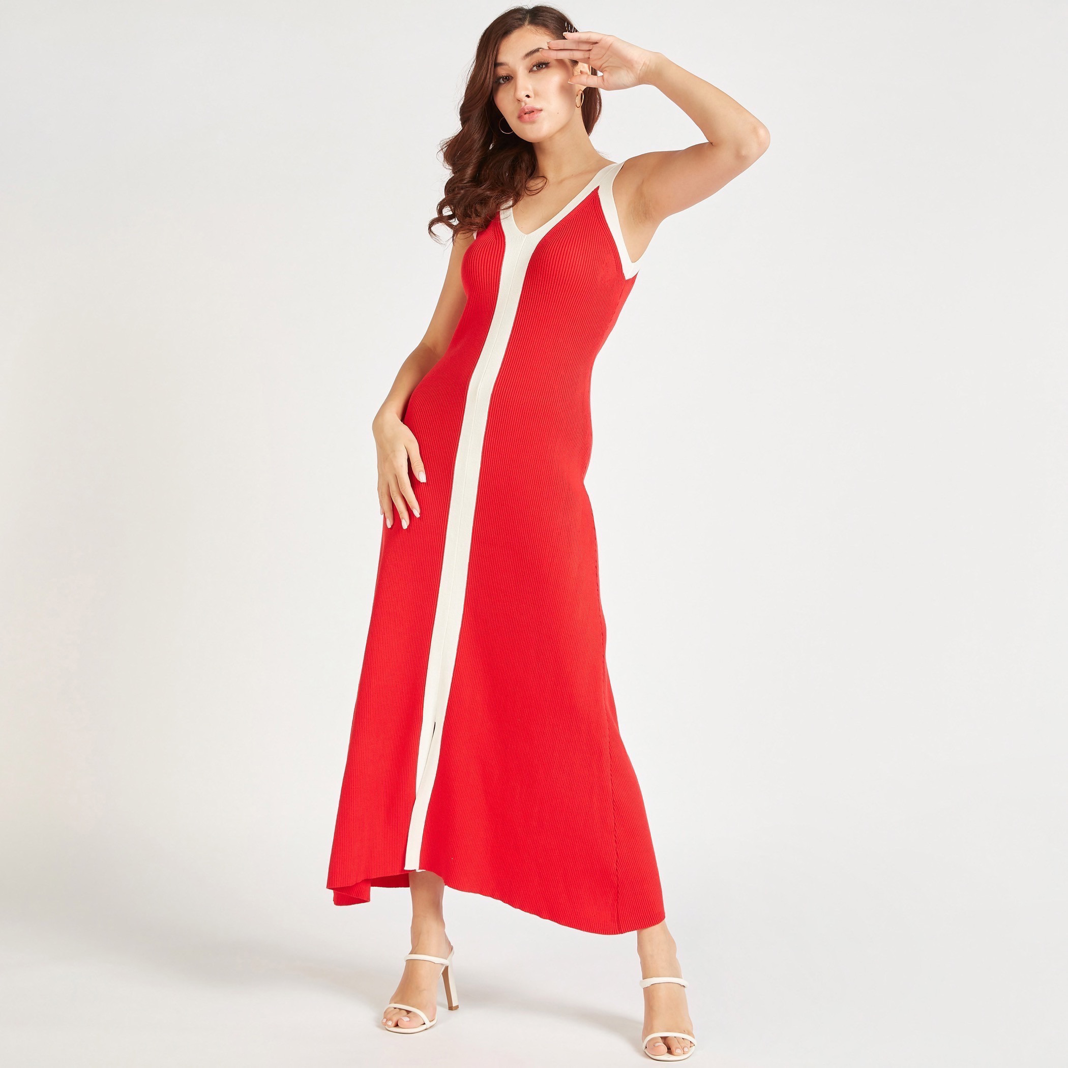 فستان طويل واسع دون أكمام بارز الملمس بياقة v من تو إكستريمز-women-clothing-dresses-image-14