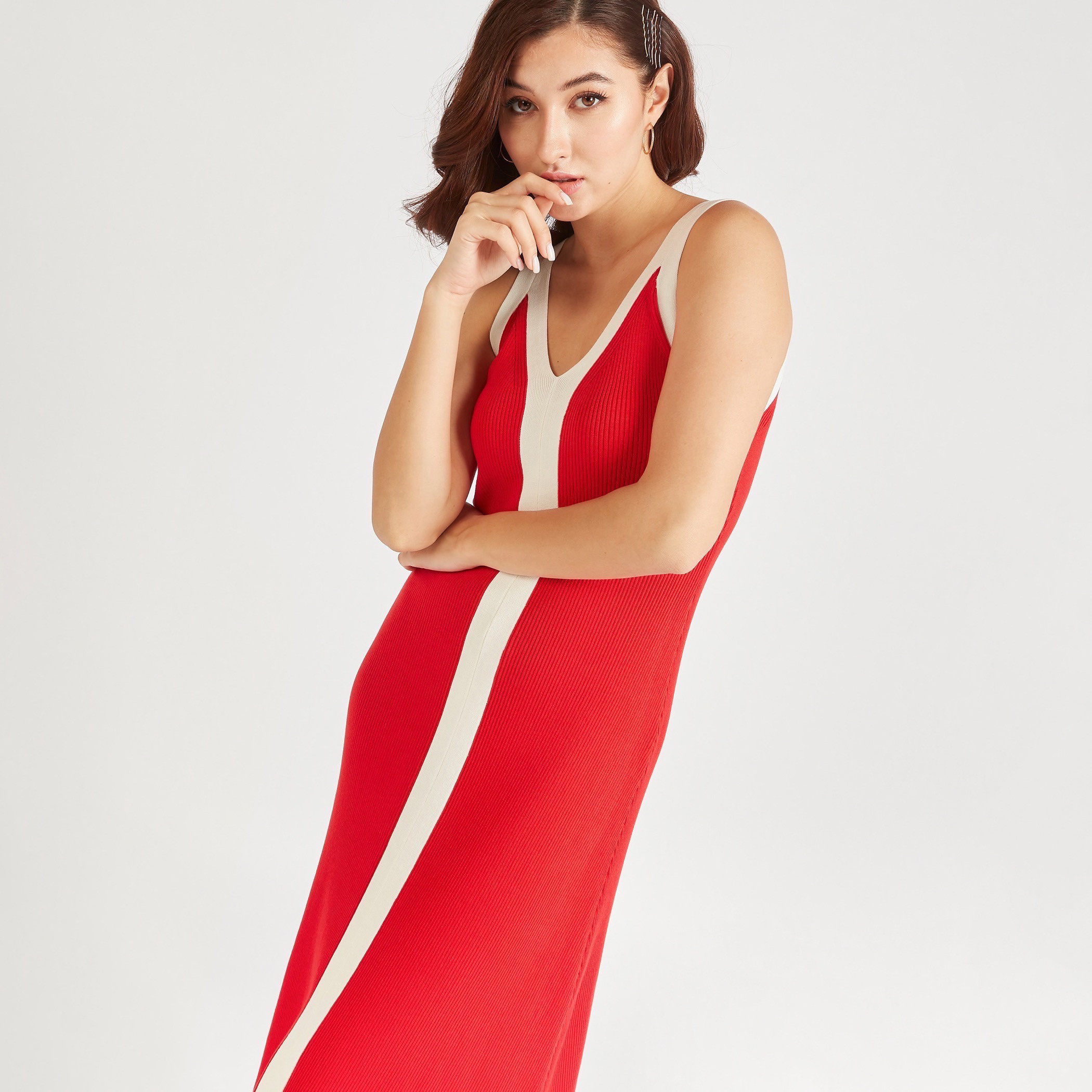 فستان طويل واسع دون أكمام بارز الملمس بياقة v من تو إكستريمز-women-clothing-dresses-image-15