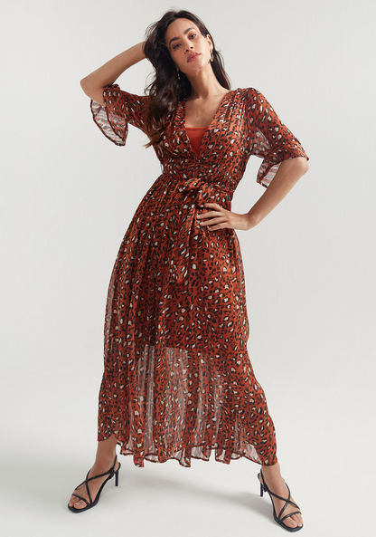2Xtremz Animal Print Maxi A-line Dress with Short Sleeves and Tie-Up Belt-Dresses-image-0