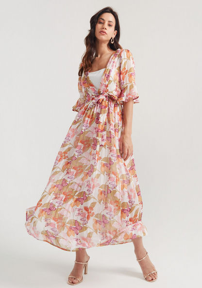 2Xtremz Printed Maxi A-line Dress with Short Sleeves and Tie-Up Belt-Dresses-image-0