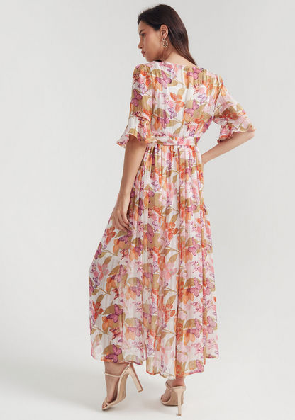 2Xtremz Printed Maxi A-line Dress with Short Sleeves and Tie-Up Belt-Dresses-image-3