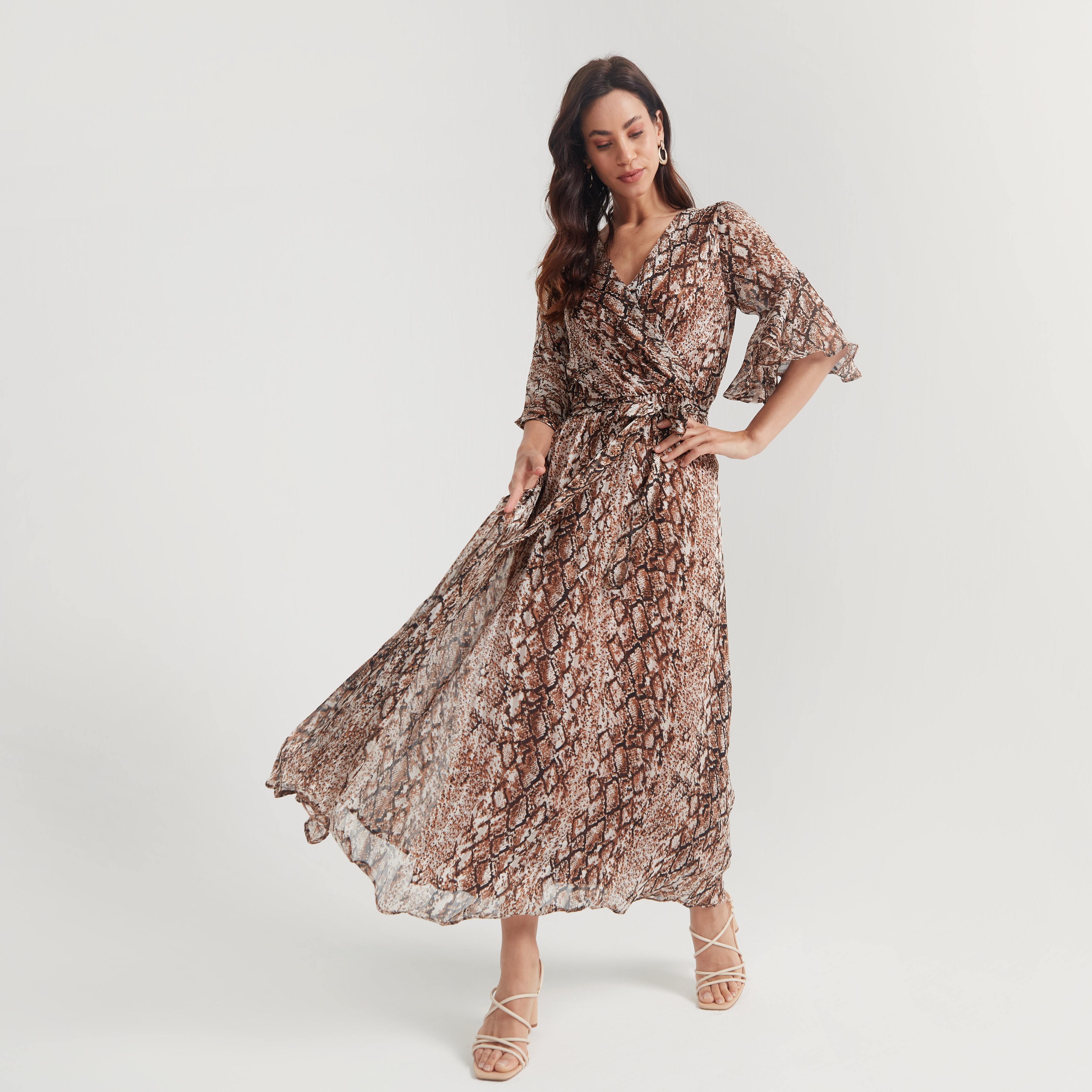 2Xtremz Animal Print A-line Maxi Dress with 3/4 Sleeves and Tie-Up Detailing-women-clothing-dresses-image-1