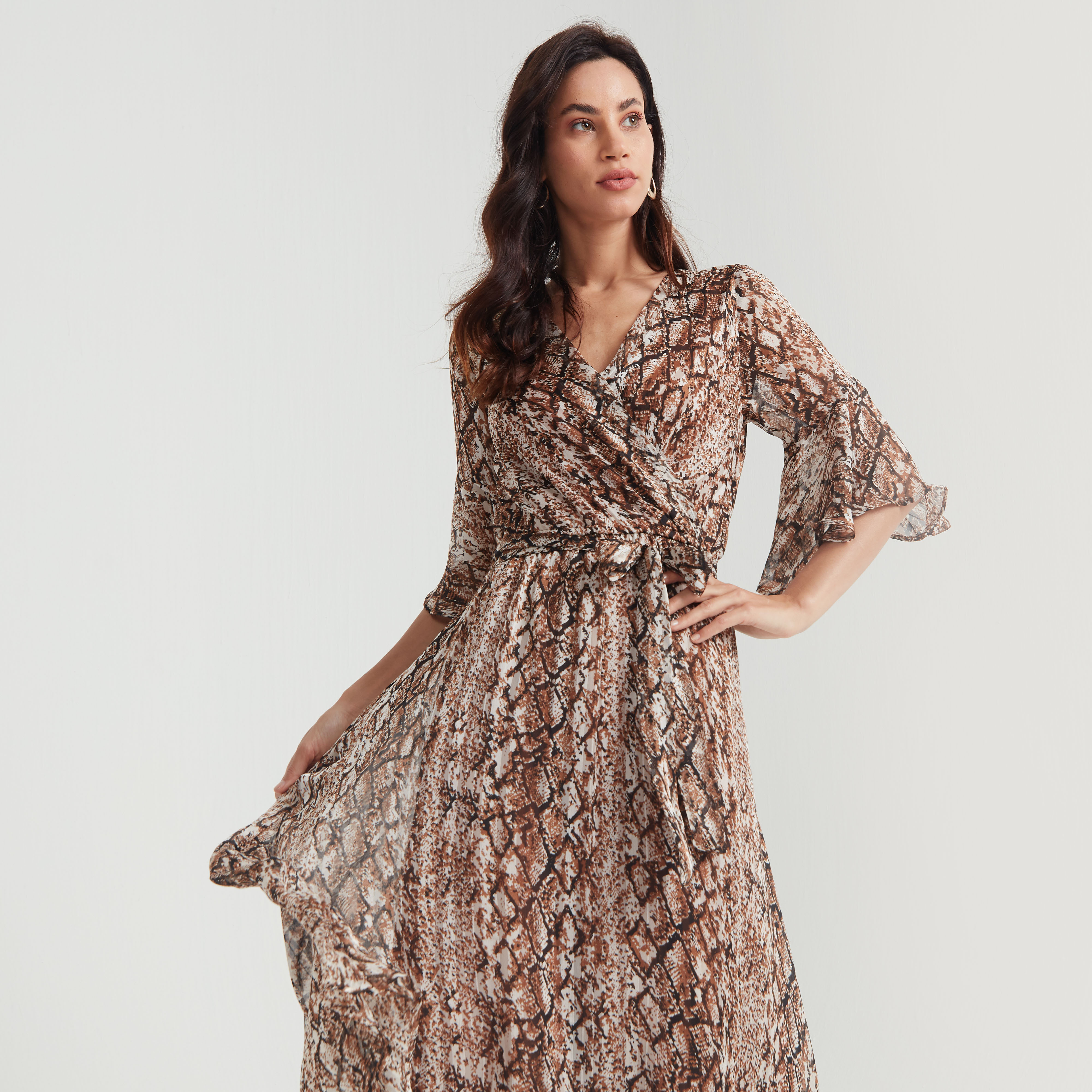 2Xtremz Animal Print A-line Maxi Dress with 3/4 Sleeves and Tie-Up Detailing-women-clothing-dresses-image-3