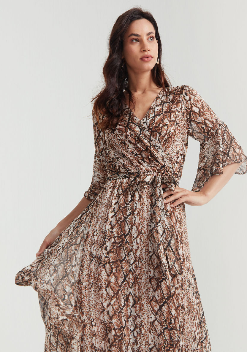2Xtremz Animal Print A-line Maxi Dress with 3/4 Sleeves and Tie-Up Detailing-Dresses-image-2