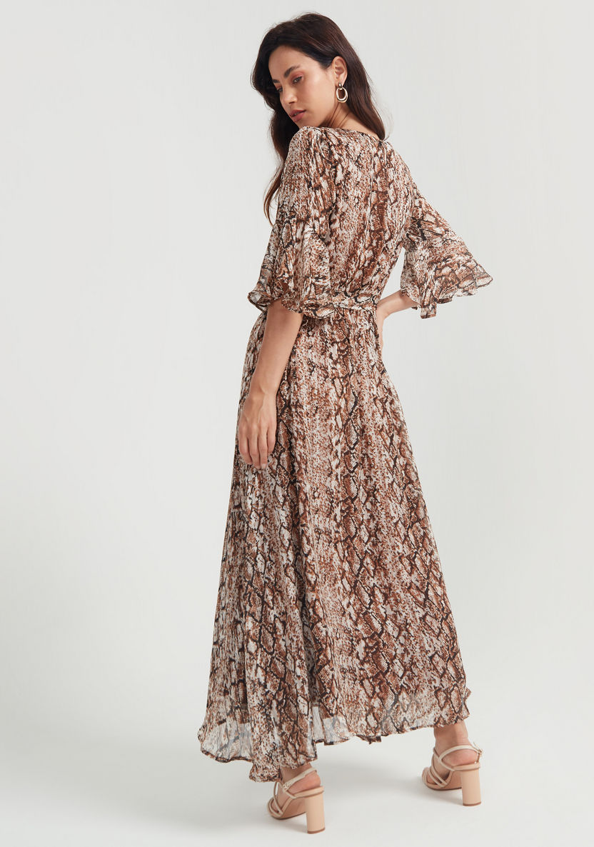 2Xtremz Animal Print A-line Maxi Dress with 3/4 Sleeves and Tie-Up Detailing-Dresses-image-3