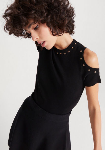 2Xtremz Textured Crew Neck Top with Cold Shoulder-Shirts & Blouses-image-0