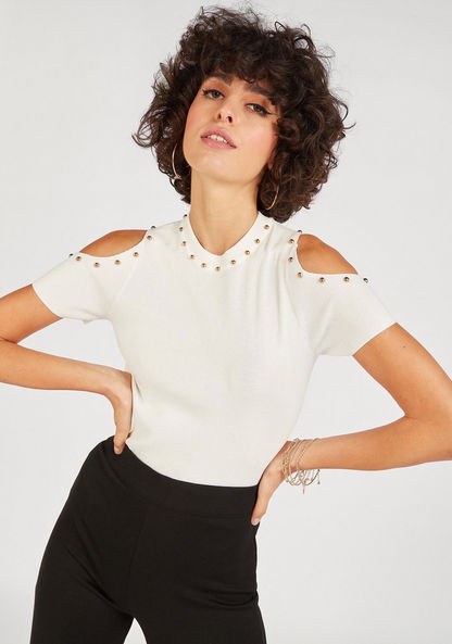 2Xtremz Textured Crew Neck Top with Cold Shoulder-Shirts & Blouses-image-1