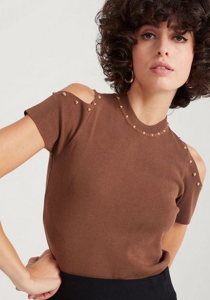 2Xtremz Textured Crew Neck Top with Cold Shoulder-Shirts & Blouses-image-0