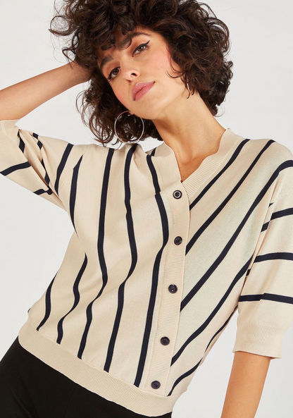 2Xtremz Striped V-neck Top with 3/4 Sleeves and Button Detail-Shirts & Blouses-image-0