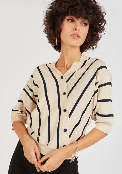 2Xtremz Striped V-neck Top with 3/4 Sleeves and Button Detail-Shirts & Blouses-image-4