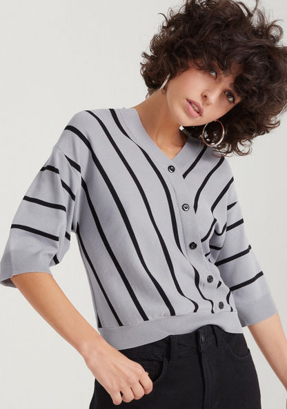 2Xtremz Striped V-neck Top with 3/4 Sleeves and Button Detail-Shirts & Blouses-image-4
