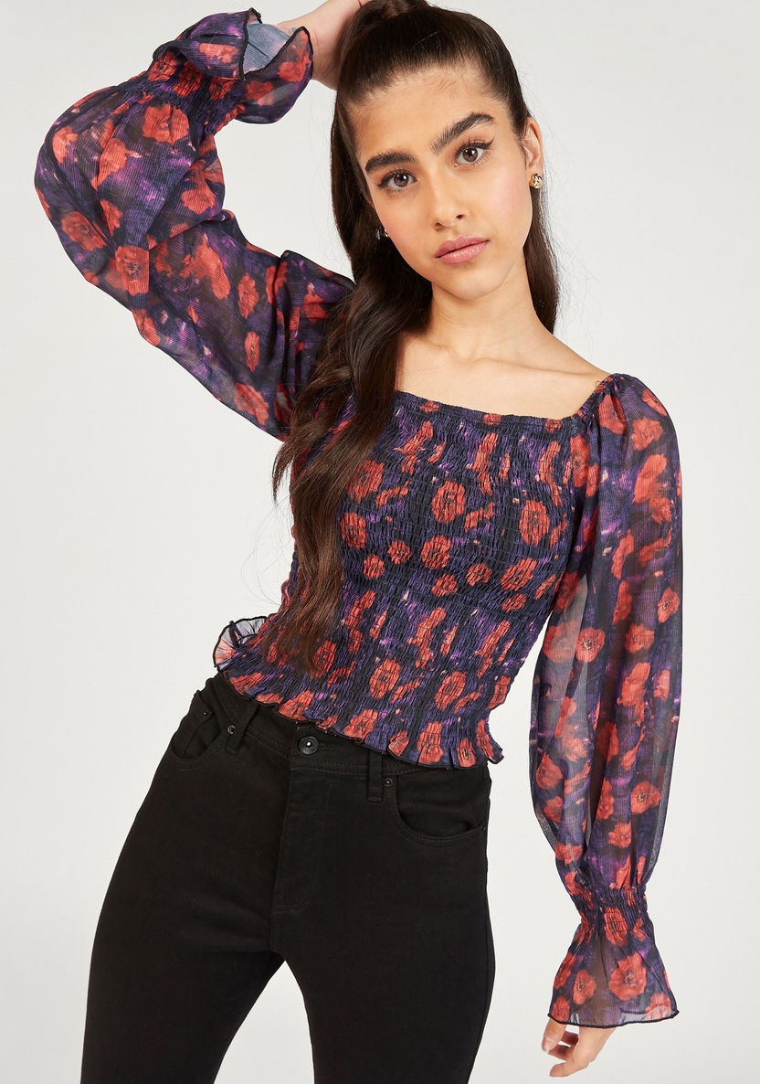 2Xtremz Floral Print Shirred Crop Top with Square Neck and Long Sleeves-Shirts & Blouses-image-0