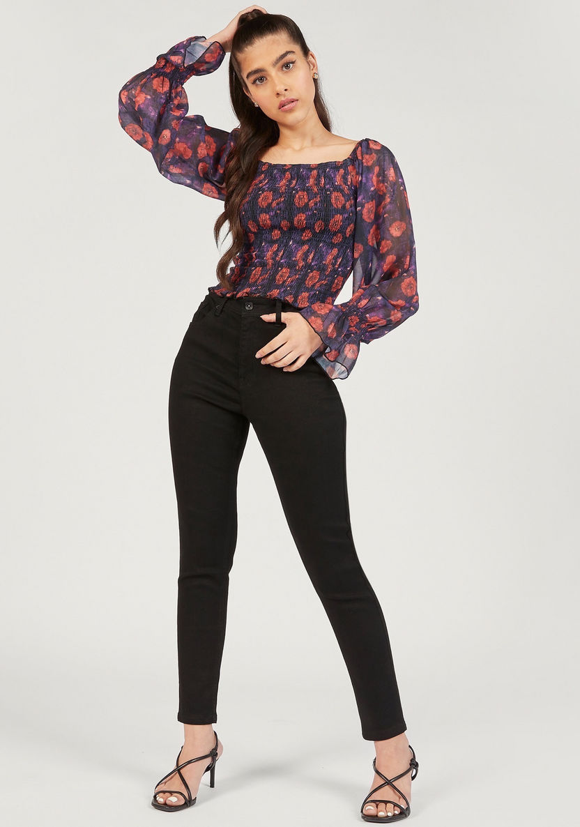 2Xtremz Floral Print Shirred Crop Top with Square Neck and Long Sleeves-Shirts & Blouses-image-2