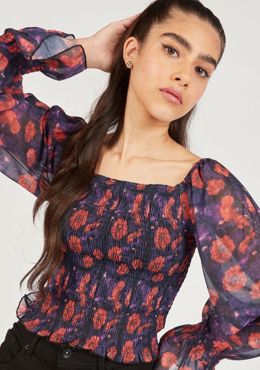 2Xtremz Floral Print Shirred Crop Top with Square Neck and Long Sleeves-Shirts & Blouses-image-3