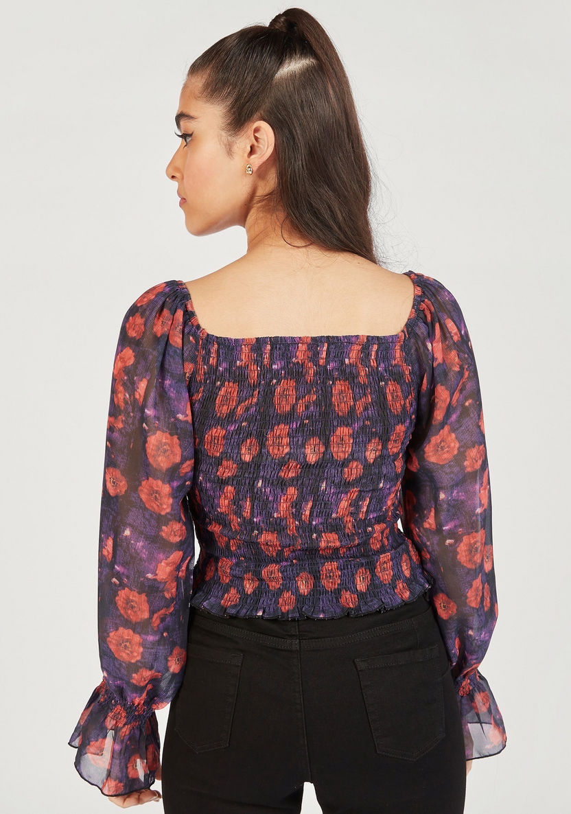 2Xtremz Floral Print Shirred Crop Top with Square Neck and Long Sleeves-Shirts & Blouses-image-4