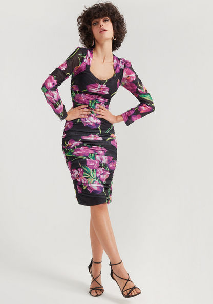 2Xtremz Floral Print Midi Bodycon Dress with Long Sleeves-Dresses-image-2