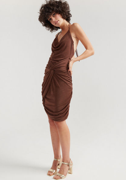 2Xtremz Solid Mini Bodycon Dress with Halter Neck and Knot Detail-Dresses-image-1