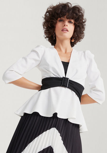 2Xtremz Solid V-neck Peplum Top with 3/4 Sleeves and Buckle Detail-Shirts & Blouses-image-1