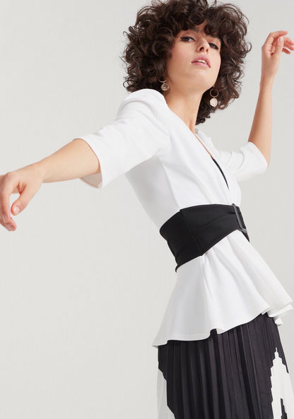 2Xtremz Solid V-neck Peplum Top with 3/4 Sleeves and Buckle Detail-Shirts & Blouses-image-3