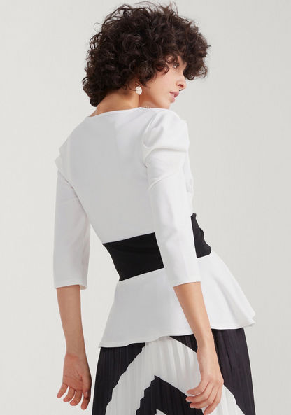 2Xtremz Solid V-neck Peplum Top with 3/4 Sleeves and Buckle Detail-Shirts & Blouses-image-4