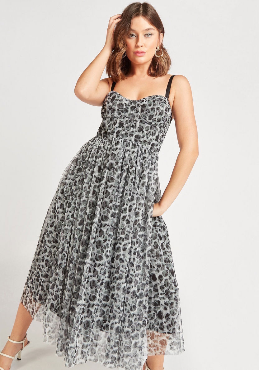 2Xtremz Printed Mesh Detail Midi Dress with Sweetheart Neck-Dresses-image-0