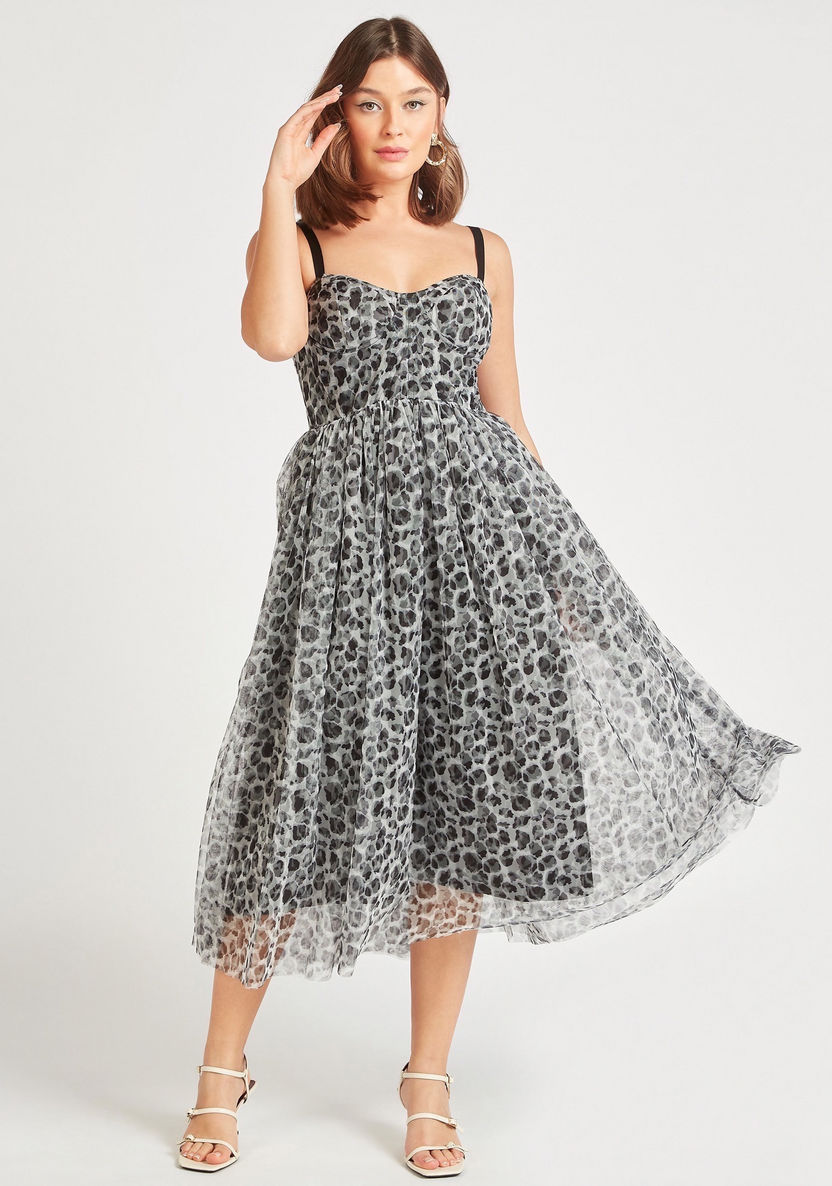 2Xtremz Printed Mesh Detail Midi Dress with Sweetheart Neck-Dresses-image-2