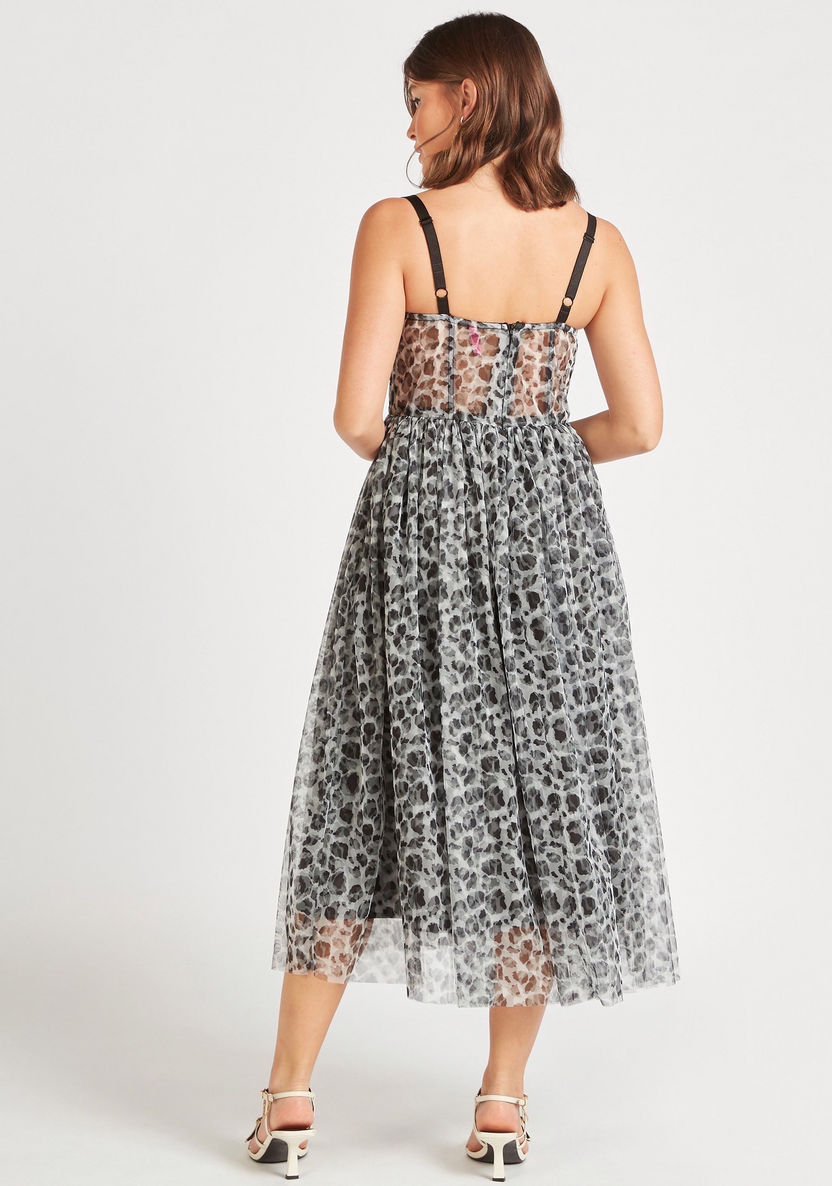 2Xtremz Printed Mesh Detail Midi Dress with Sweetheart Neck-Dresses-image-3