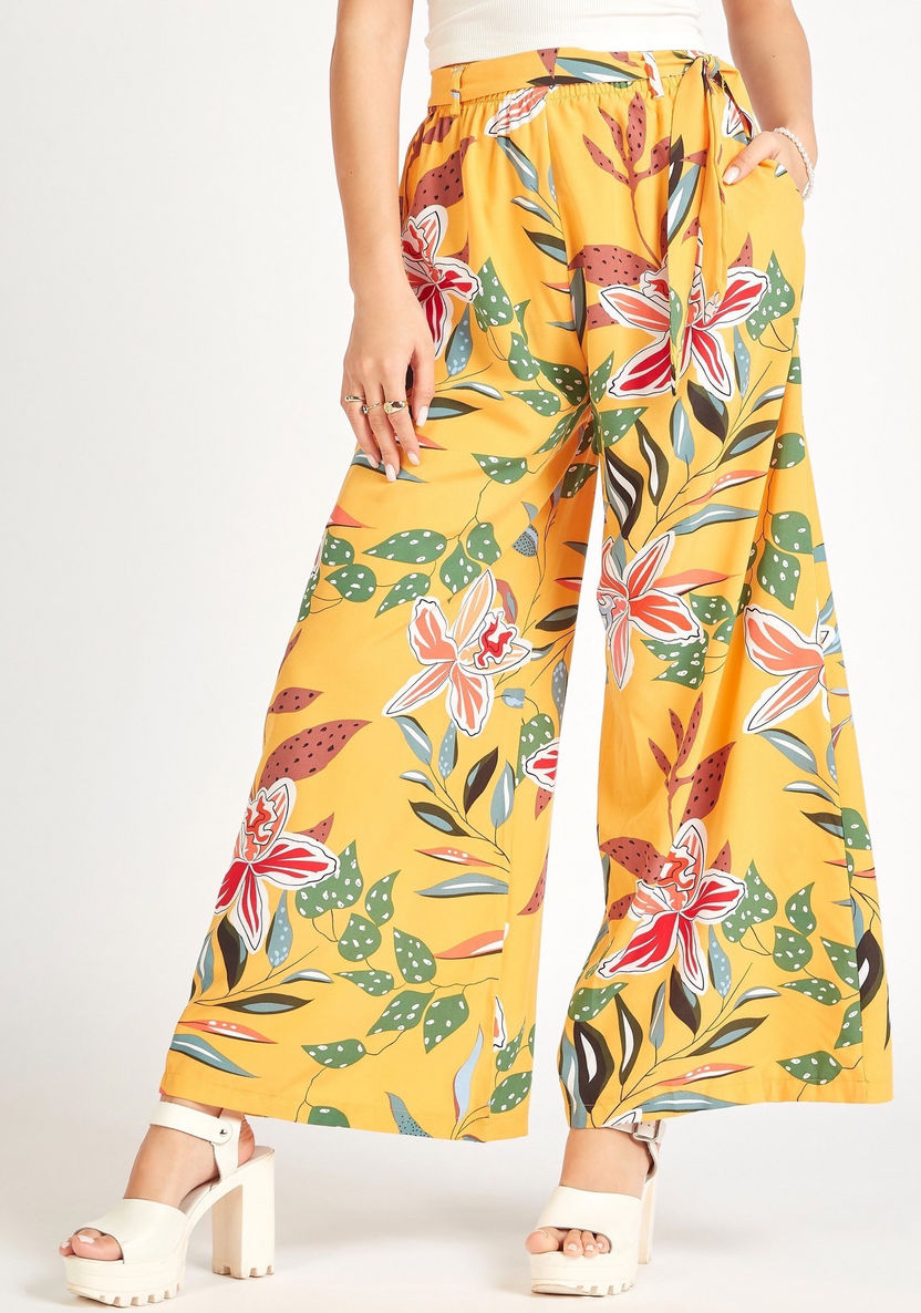 2Xtremz Floral Print Mid-Rise Palazzo Pants with Tie-Up Belt-Pants-image-0