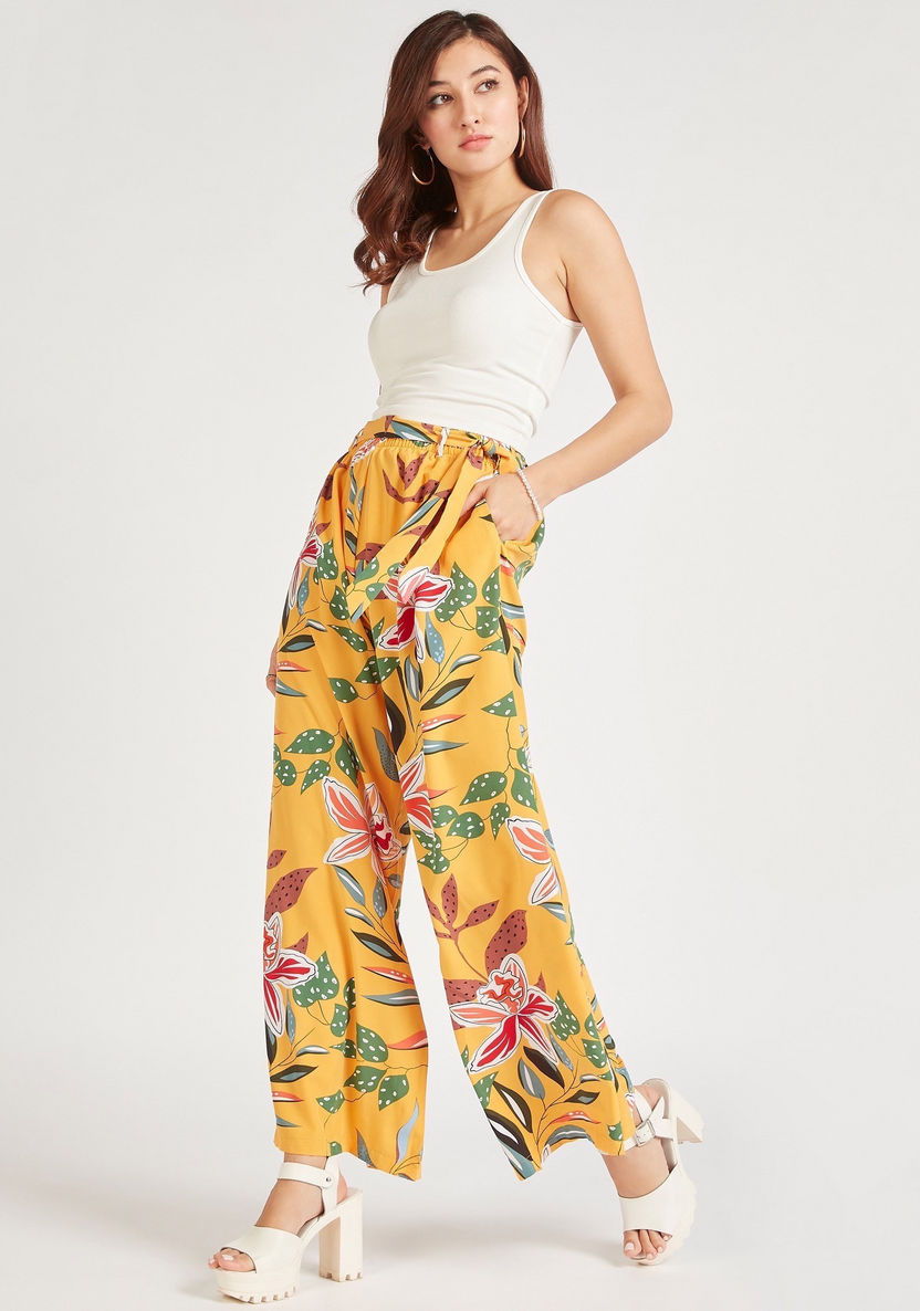 2Xtremz Floral Print Mid-Rise Palazzo Pants with Tie-Up Belt-Pants-image-1