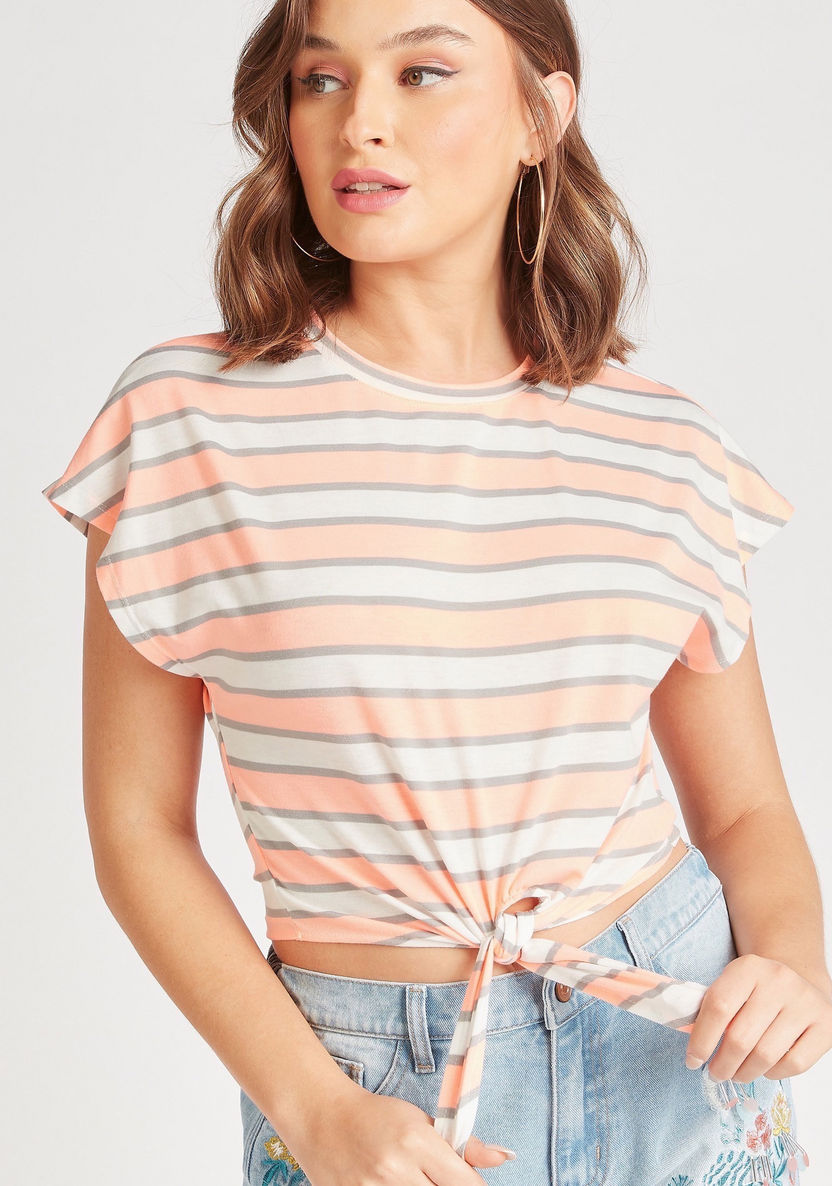 2Xtremz Striped Crop Round Neck T-shirt with Short Sleeves and Tie-Ups-T Shirts-image-2