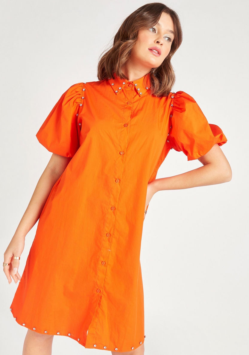 2Xtremz Embellished Mini Shirt Dress with Puff Sleeves-Dresses-image-0