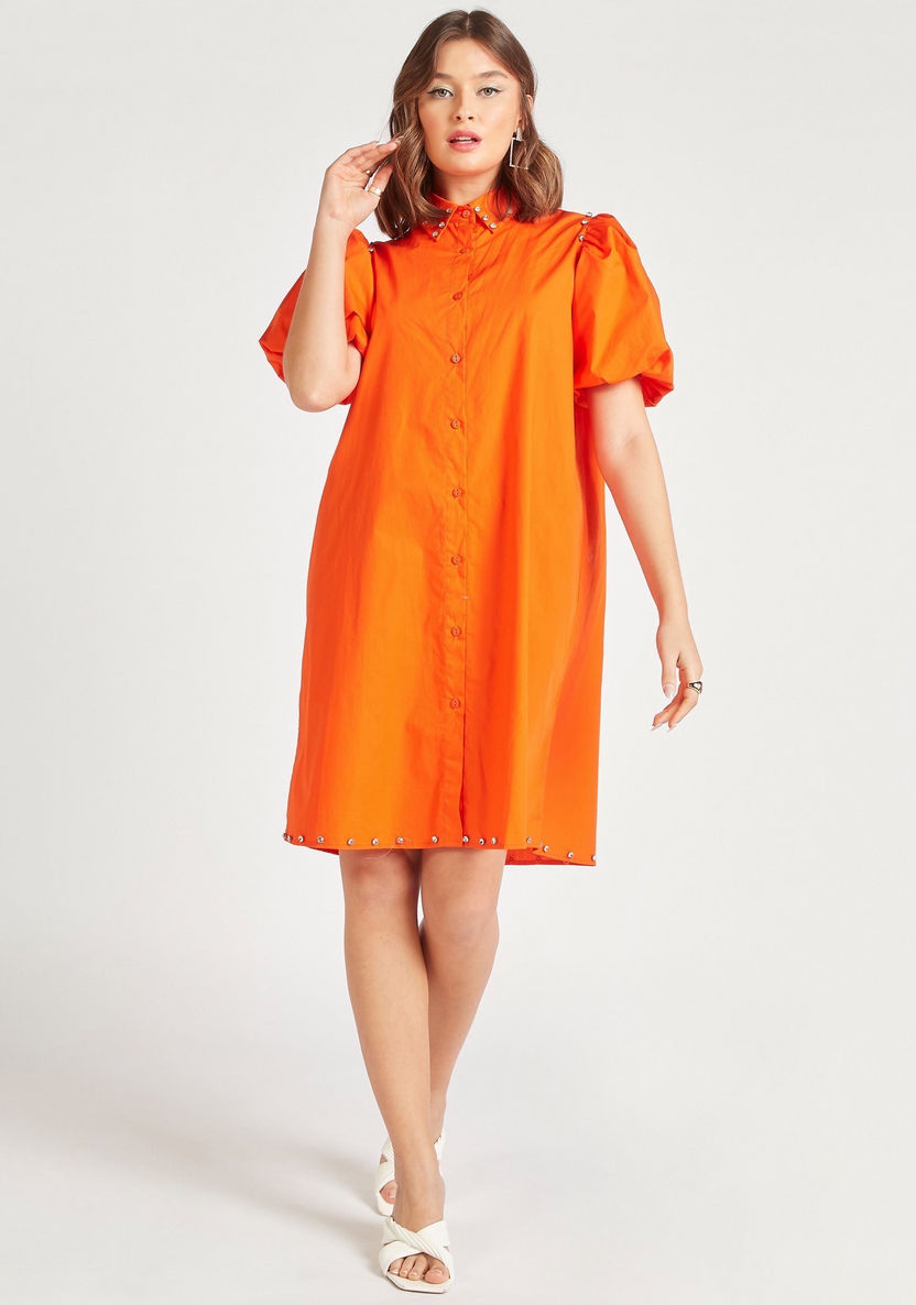 2Xtremz Embellished Mini Shirt Dress with Puff Sleeves-Dresses-image-1