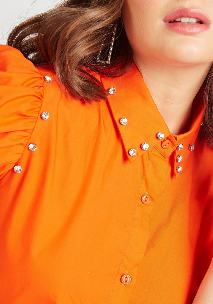2Xtremz Embellished Mini Shirt Dress with Puff Sleeves-Dresses-image-3