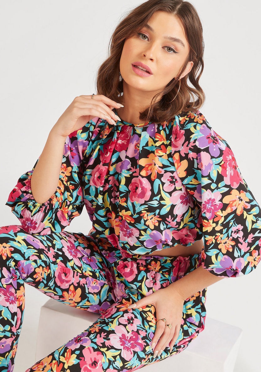 2Xtremz Floral Print Top with 3/4 Sleeves and Button Closure-Tops-image-0