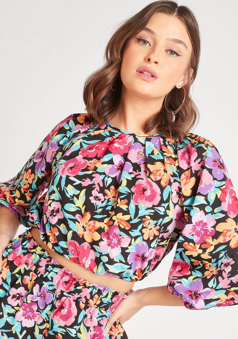 2Xtremz Floral Print Top with 3/4 Sleeves and Button Closure-Tops-image-4