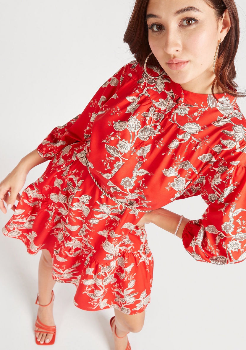 Printed Mini A-line Dress with Long Sleeves and Tie-Up Detail-Dresses-image-0