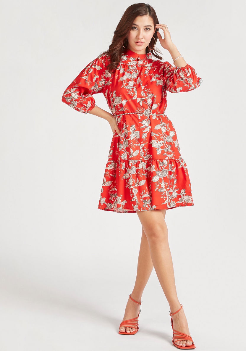 Printed Mini A-line Dress with Long Sleeves and Tie-Up Detail-Dresses-image-1