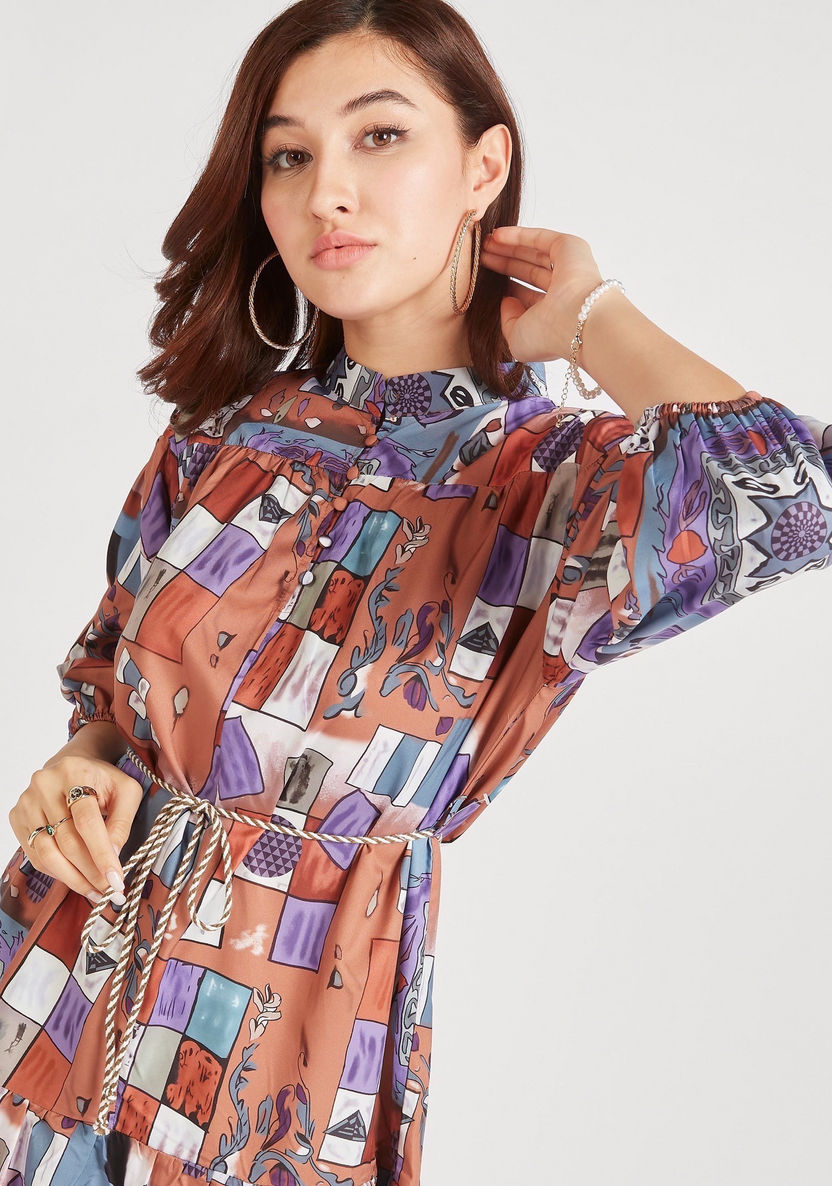 Printed Mini A-line Dress with Long Sleeves and Tie-Up Detail-Dresses-image-2