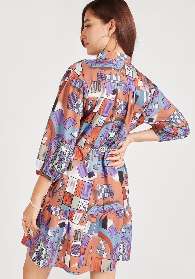 Printed Mini A-line Dress with Long Sleeves and Tie-Up Detail-Dresses-image-3