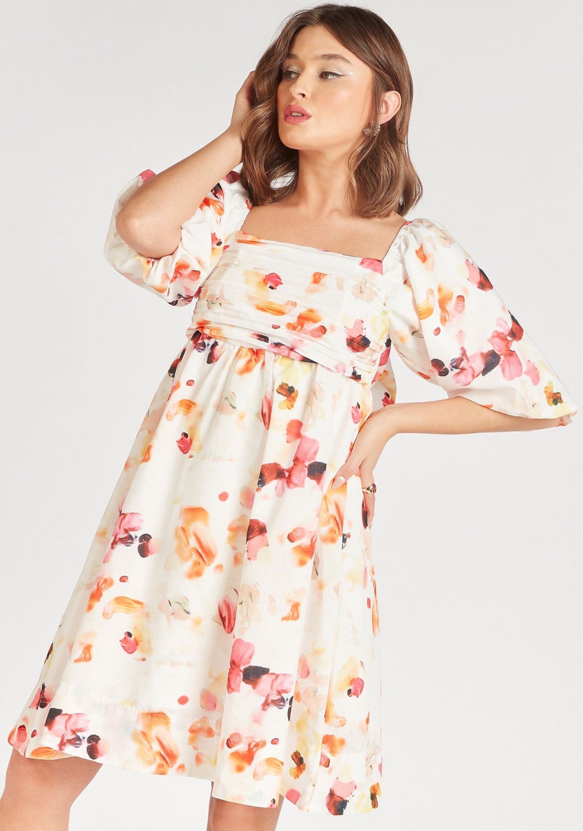 2Xtremz Floral Print Mini A-line Dress with Short Sleeves and Bow Detail-Dresses-image-1
