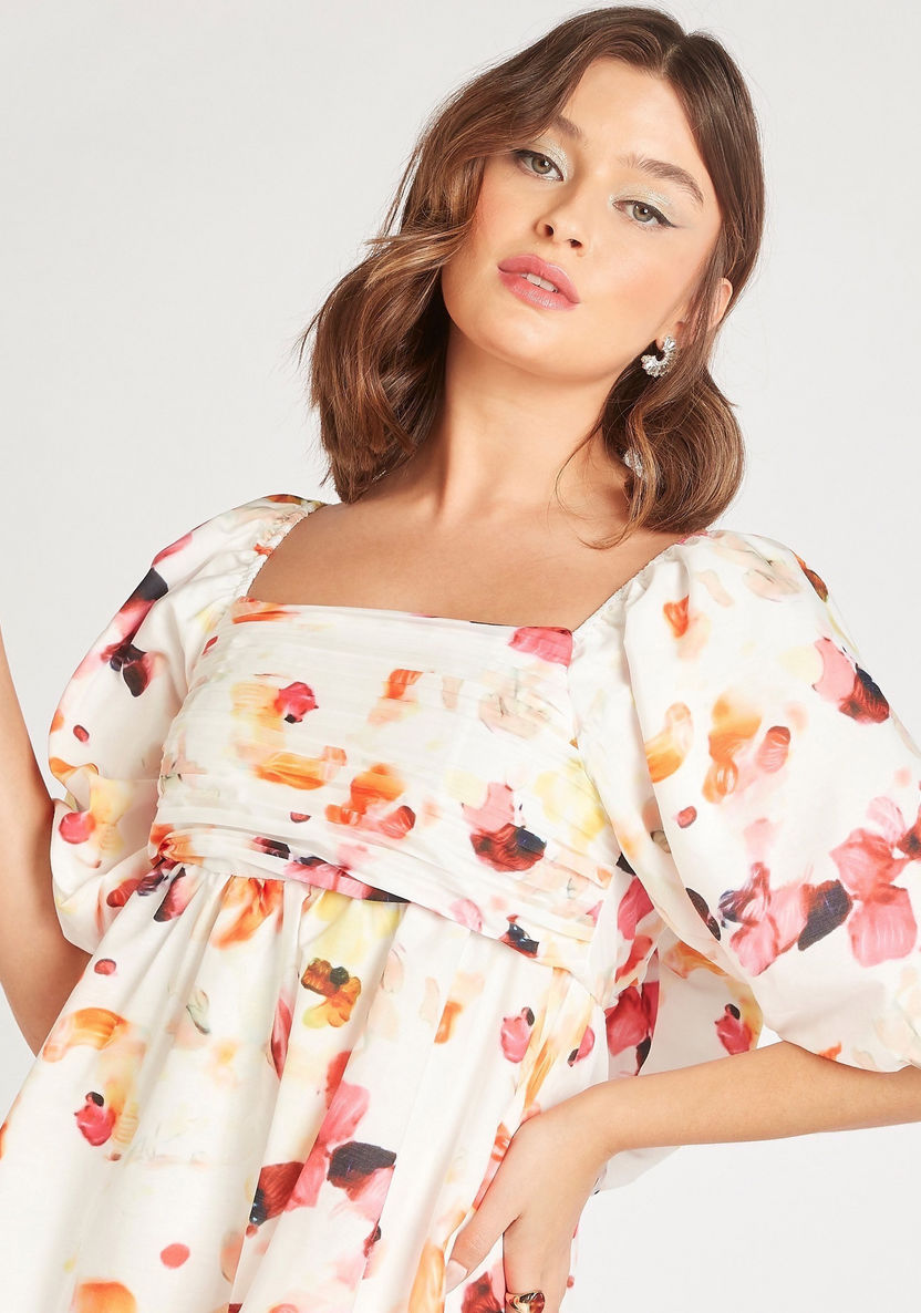 2Xtremz Floral Print Mini A-line Dress with Short Sleeves and Bow Detail-Dresses-image-3
