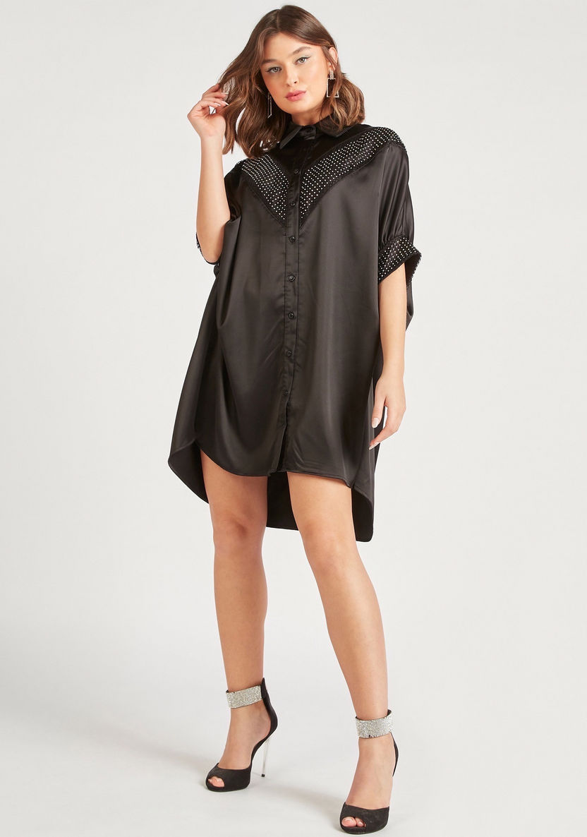 2Xtremz Embellished Mini Shirt Dress with 3/4 Sleeves-Dresses-image-1