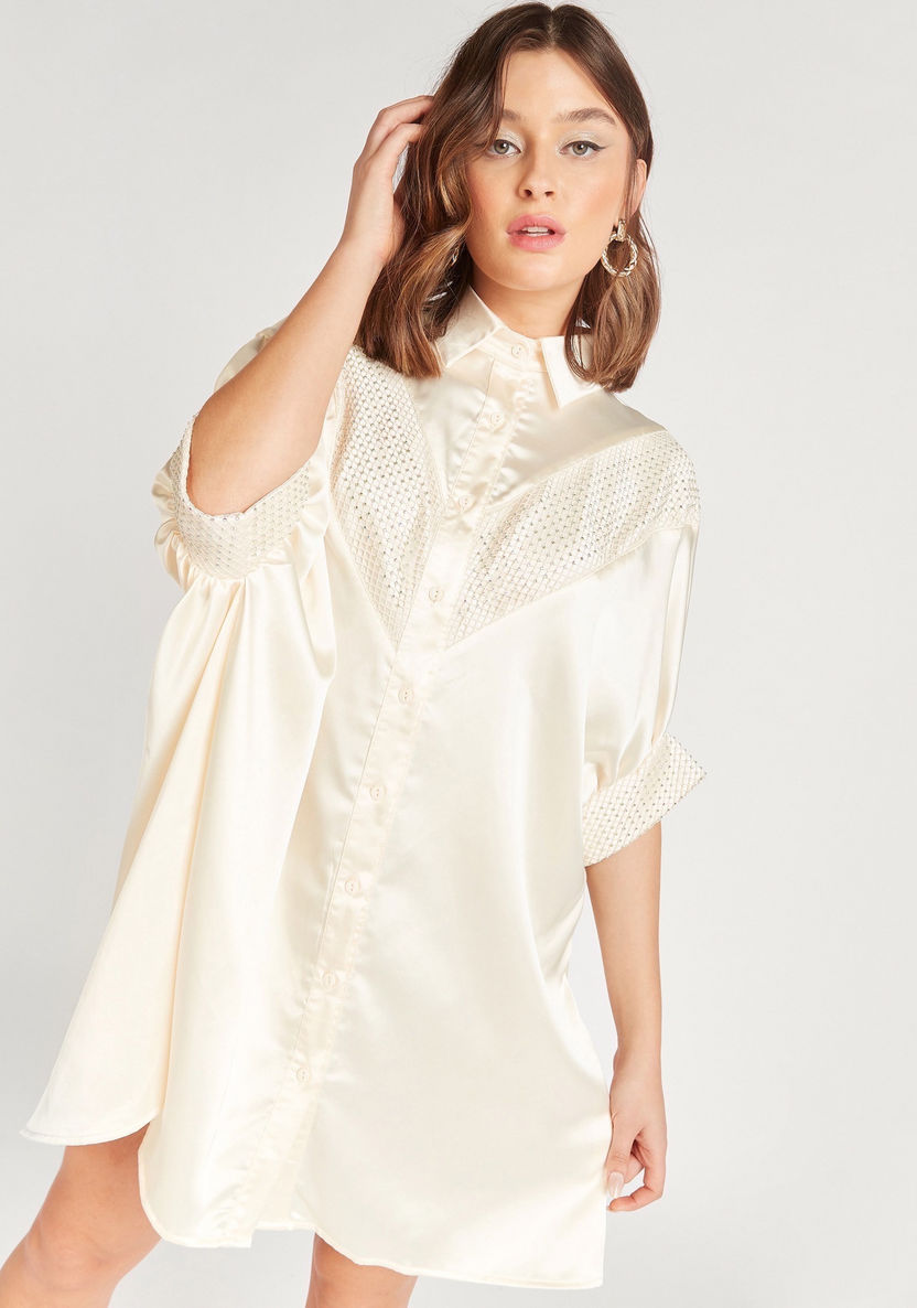 2Xtremz Embellished Mini Shirt Dress with 3/4 Sleeves-Dresses-image-0
