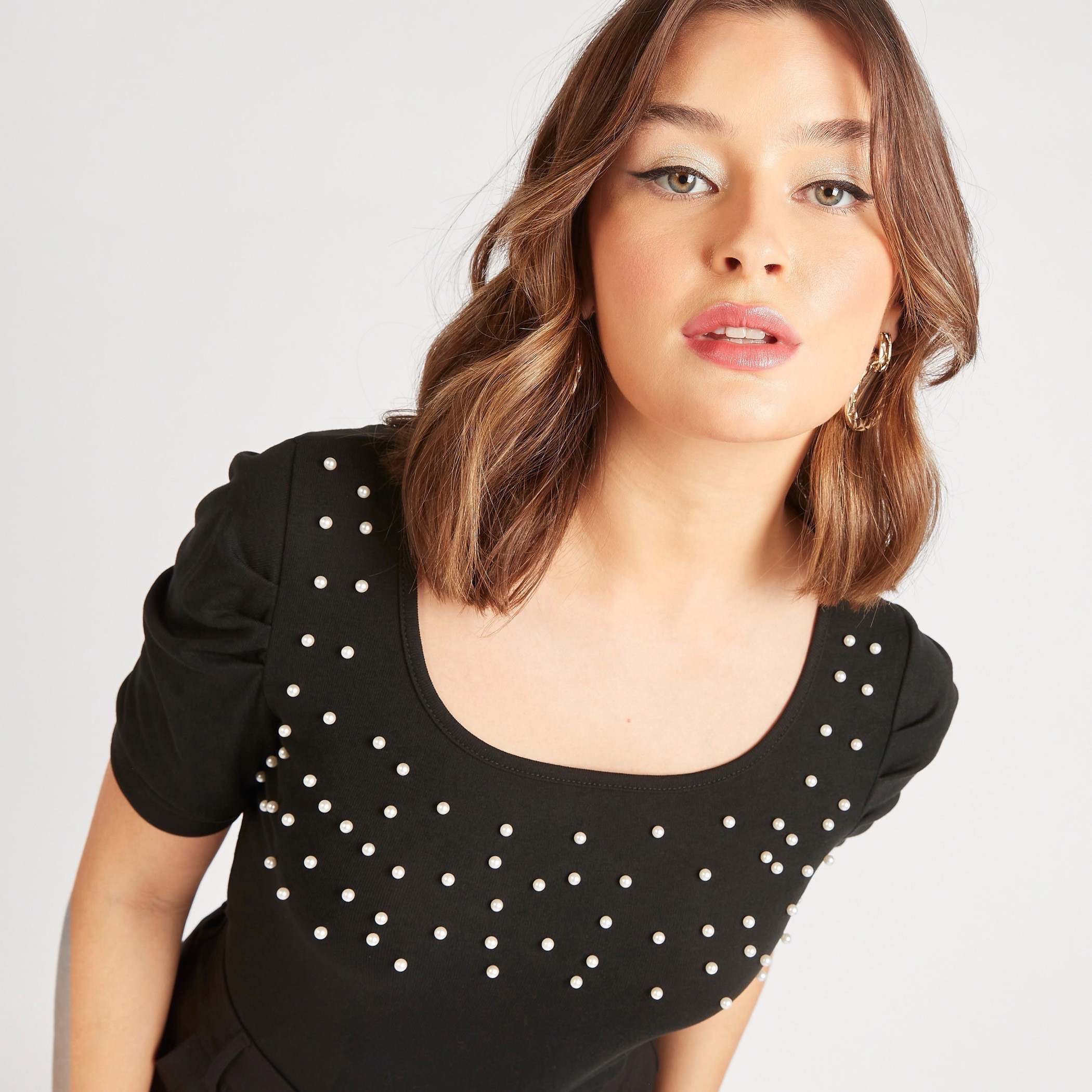 2Xtremz Pearl Embellished Round Neck T-shirt with Short Sleeves-women-clothing-tshirts-image-6