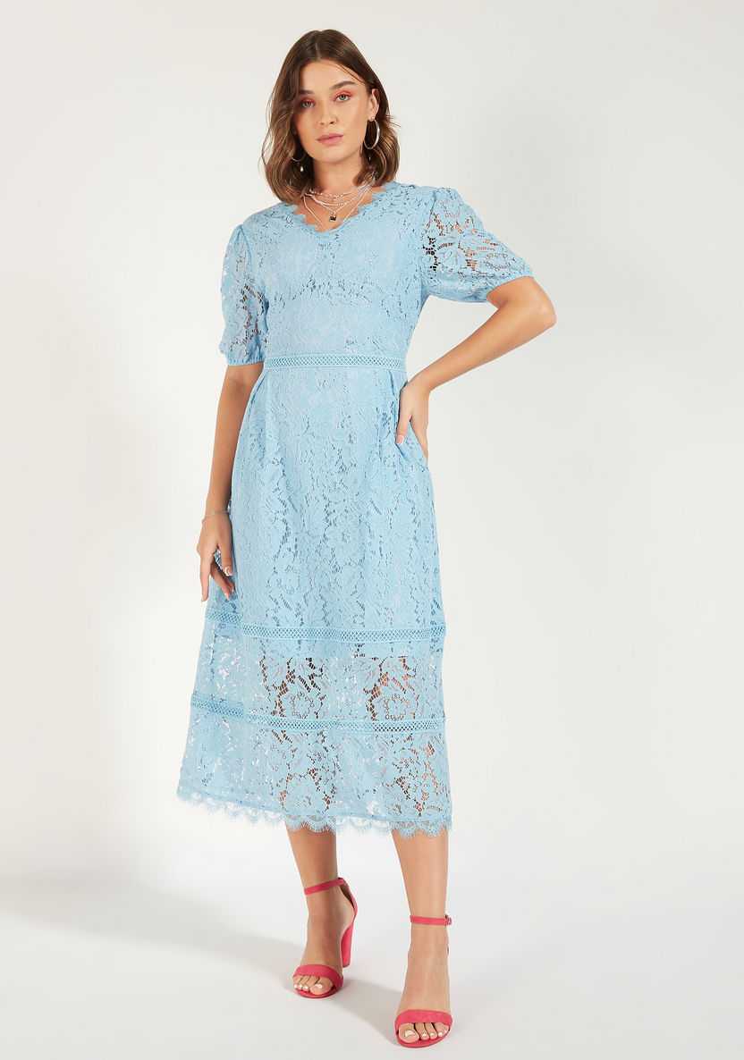 Buy 2Xtremz Lace Detail Midi A-line Dress with Short Sleeves | Splash UAE