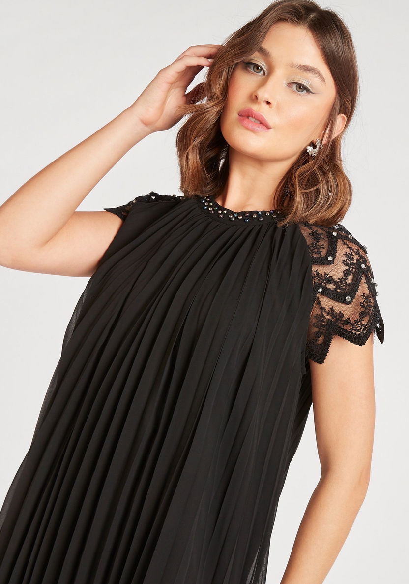 2Xtremz Pleated Dress with Embellished Sleeves and Neckline-Dresses-image-1